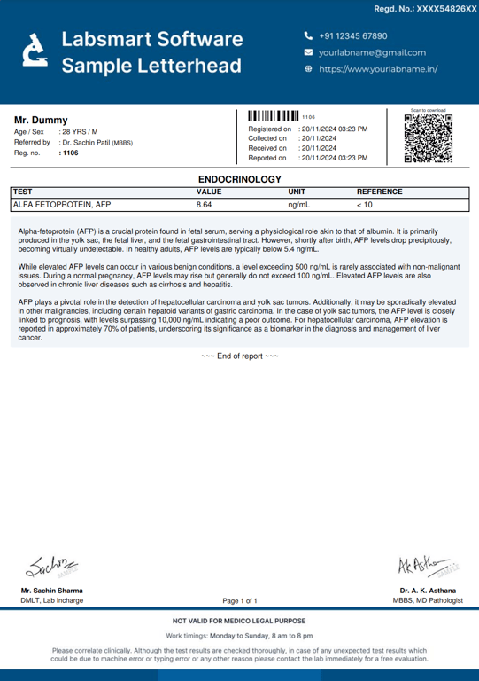 Alfa Fetoprotein, AFP Report Format