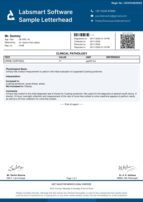 Urine Cortisol Report Format