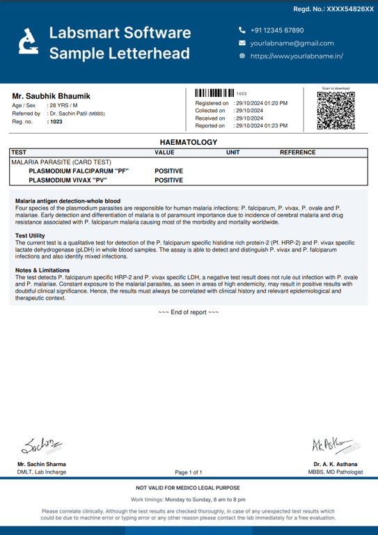 Malaria Parasite (Card Test) Report Format