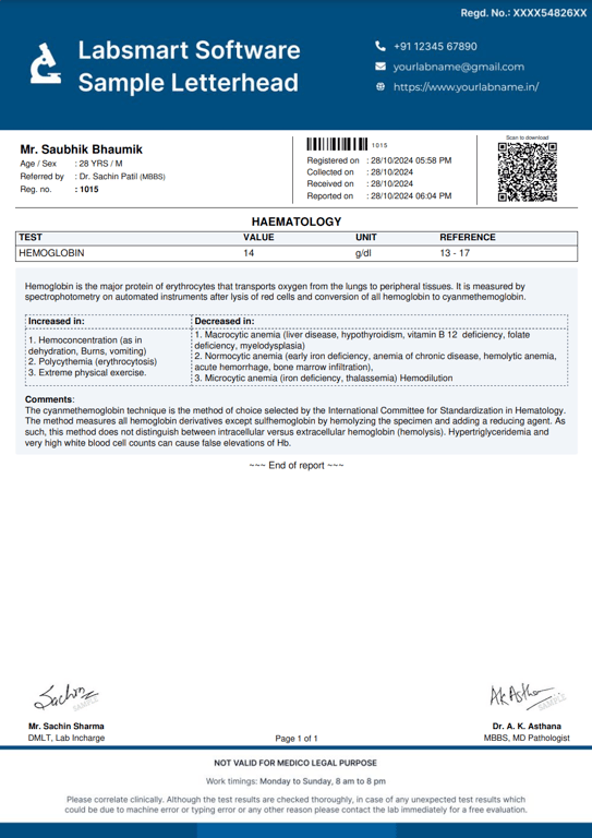 Hemoglobin (Hb) Report Format