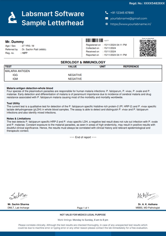 Malaria Antigen Report Format