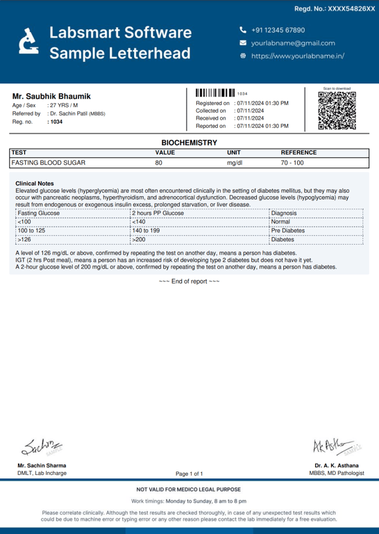 Fasting Blood Sugar Report Format