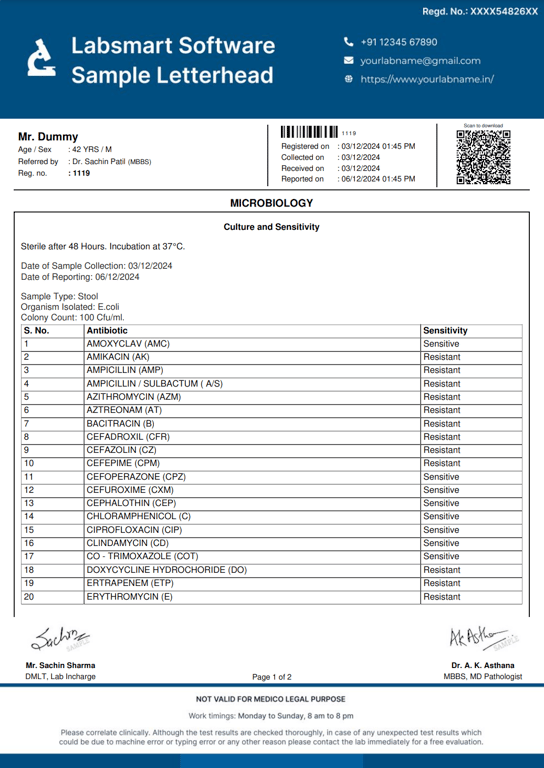 Stool Culture and Sensitivity Report Format