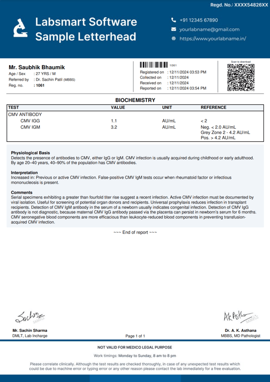 CMV antibody Report Format
