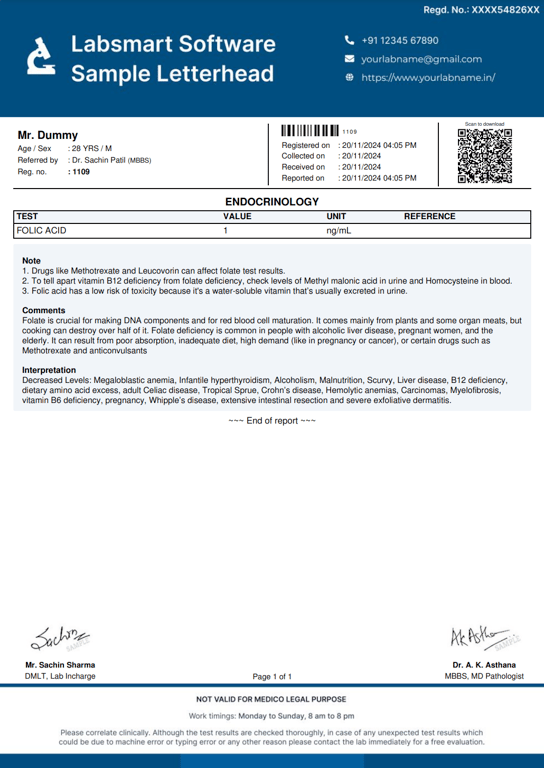 Folic Acid Report Format