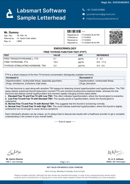 Free Thyroid Function Test (FTFT) Report Format