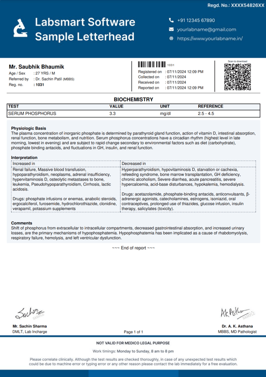 Serum Phosphorus Report Format