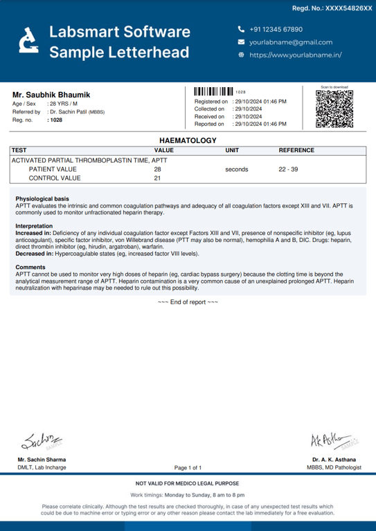 Activated partial thromboplastin time, APTT Report Format
