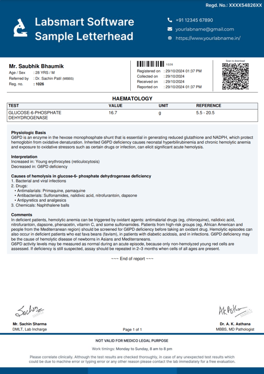 Glucose-6-phosphate dehydrogenase Report Format