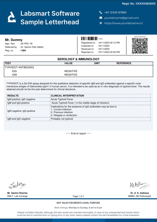 Typhidot Antibodies Report Format