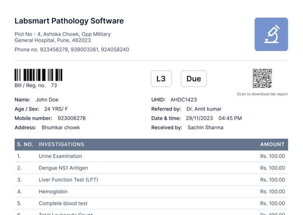 Labsmart pathology software bill image