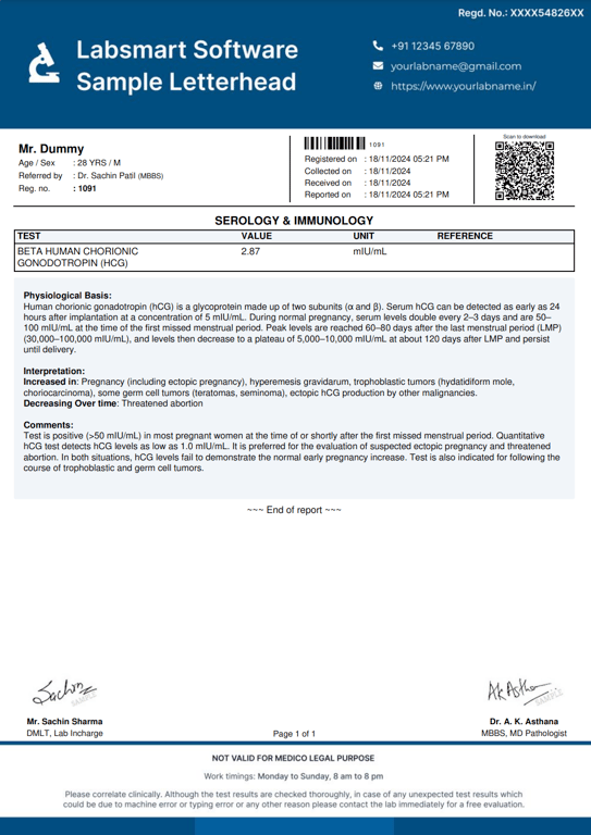 Beta Human Chorionic Gonodotropin (HCG) Report Format