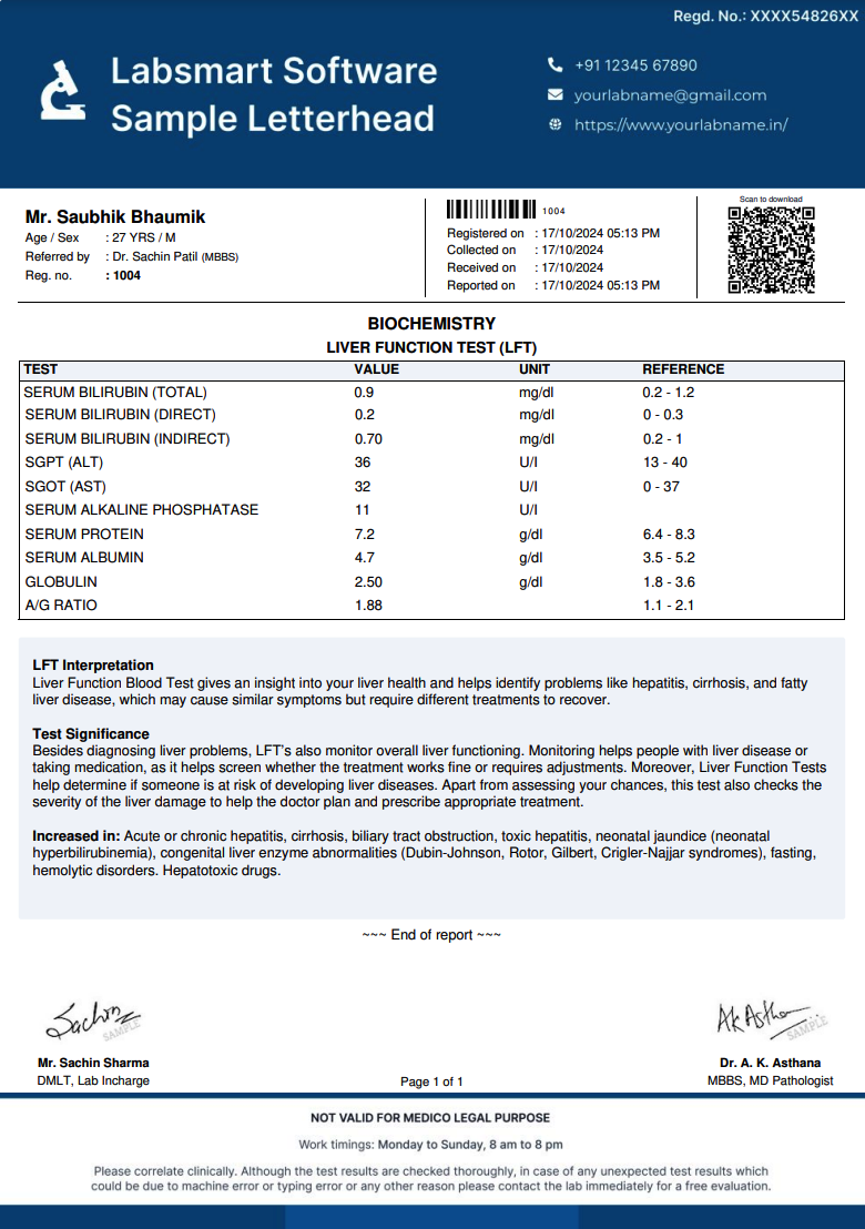 Liver Function Test LFT Report Format MS Word Pdf