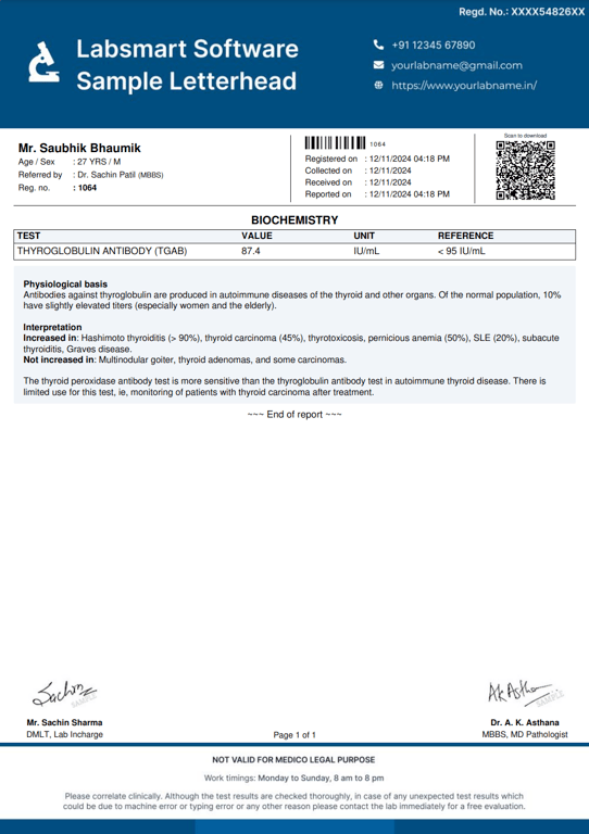 Thyroglobulin Antibody (TgAb) Report Format
