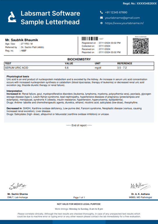Serum Uric Acid Report Format
