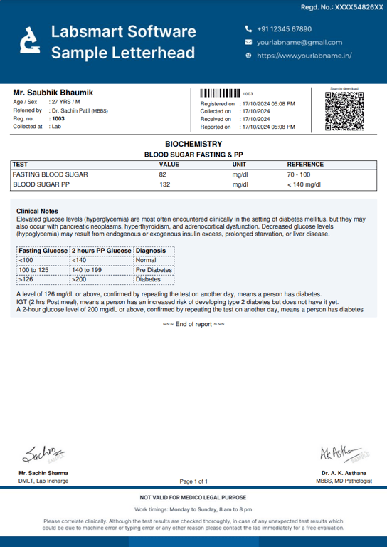 Blood Sugar Fasting & PP Report Format